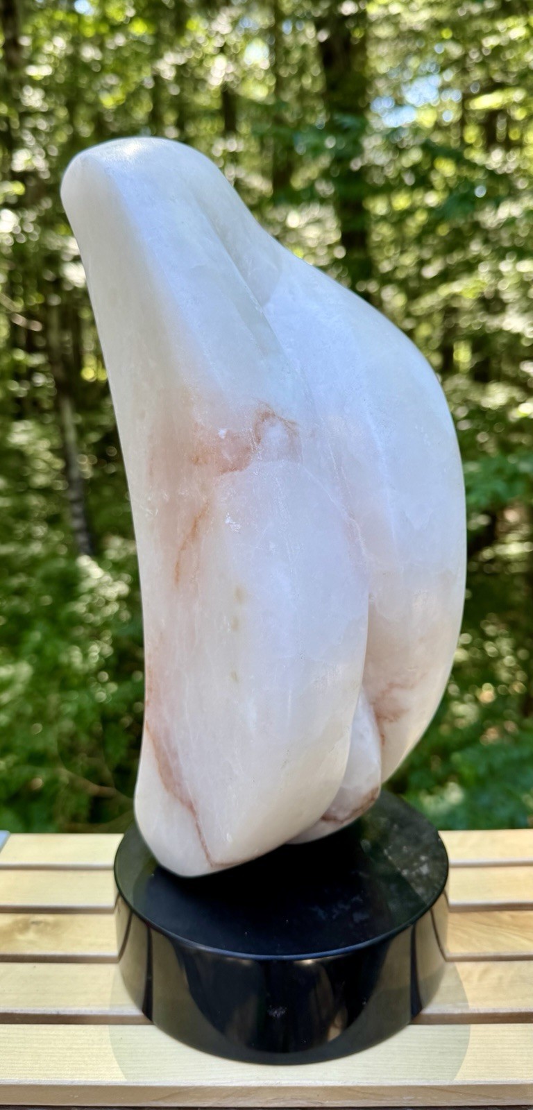 Mid Century Modern Abstract Alabaster Sculpture On Black Marble Base – 14.5”
