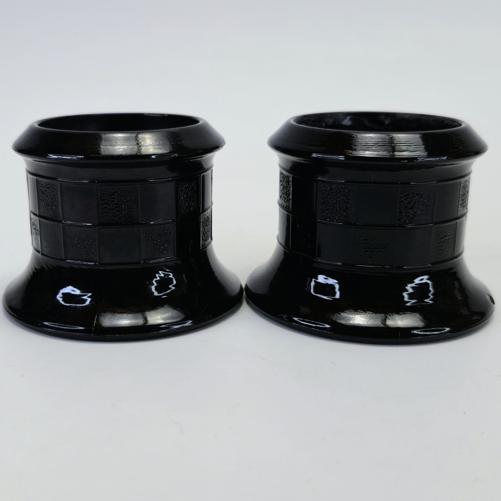 2 Zeller Morgantown Black Glass Gazing Witching Ball Stands Set Possibly 1930s