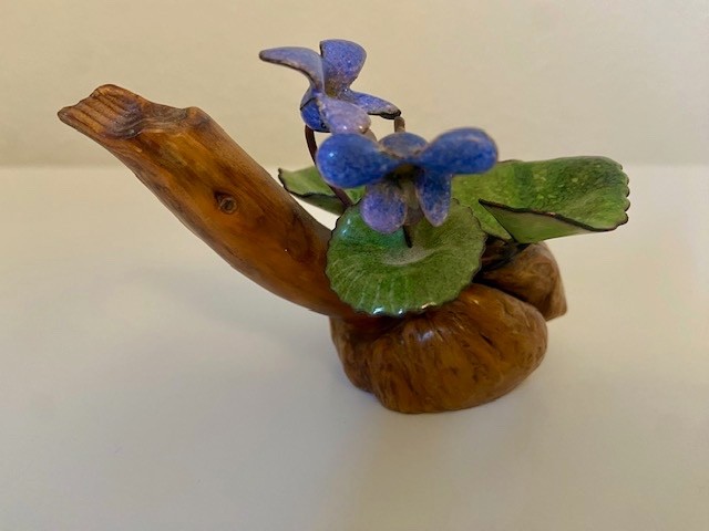 NORMAN BRUMM Enamel on Copper and Wood Sculpture with Blue Flowers