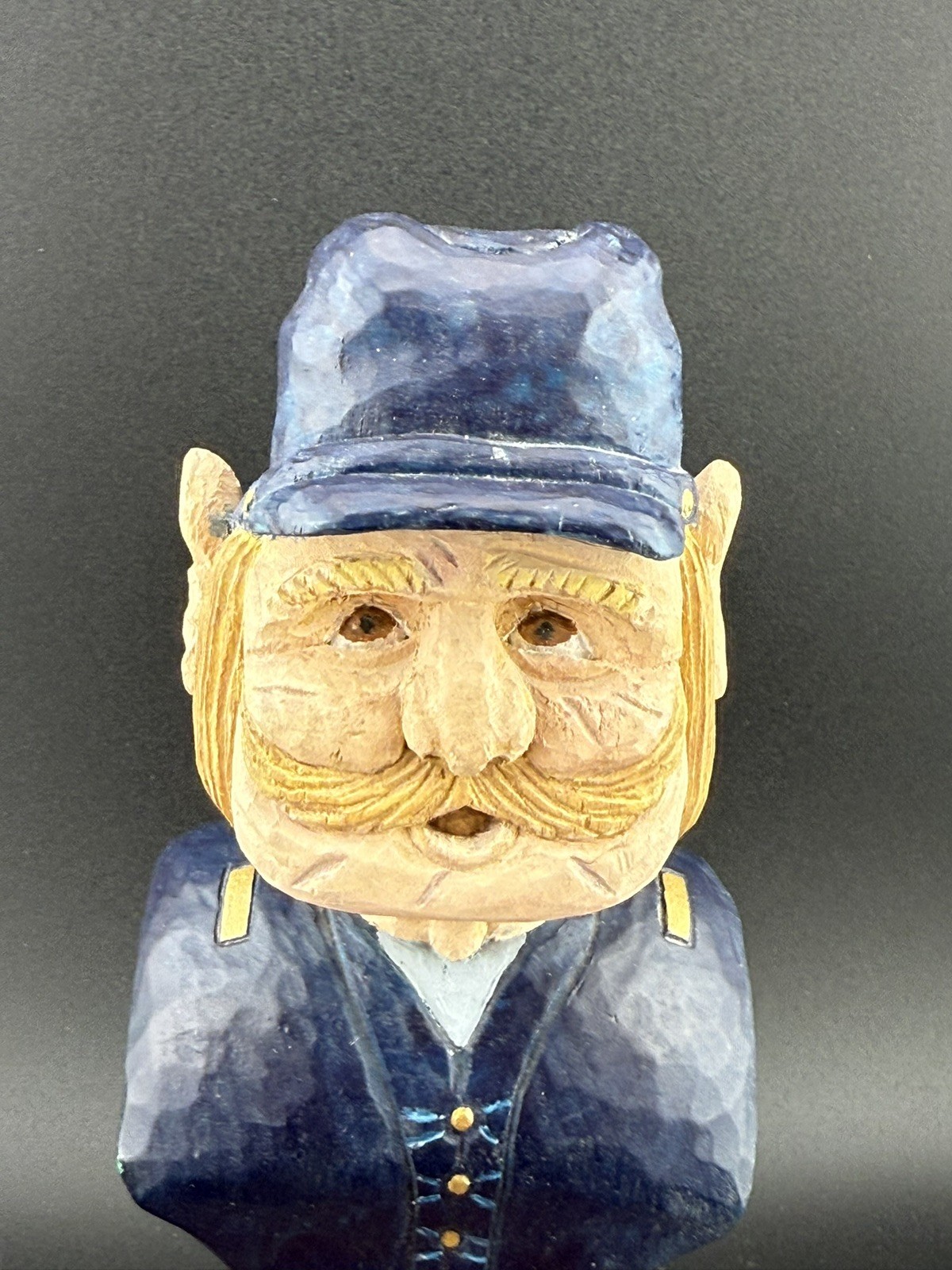 Folk Art “Union Soldier” Hand Carved Wood Bust Signed Vintage 7” Man