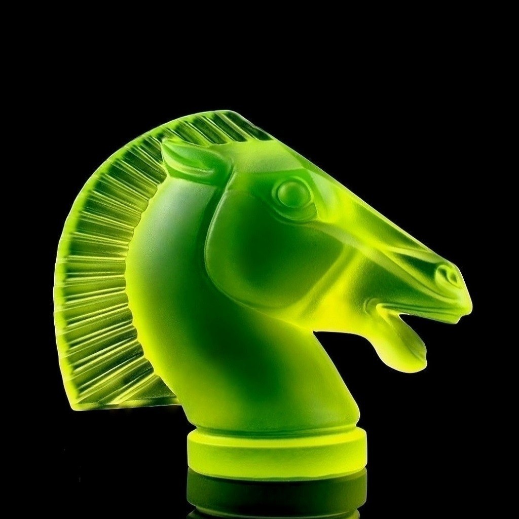 Art Deco Vaseline Uranium Glass Horse Hood Ornament 1930&prime; H.Hoffmann by Lalique