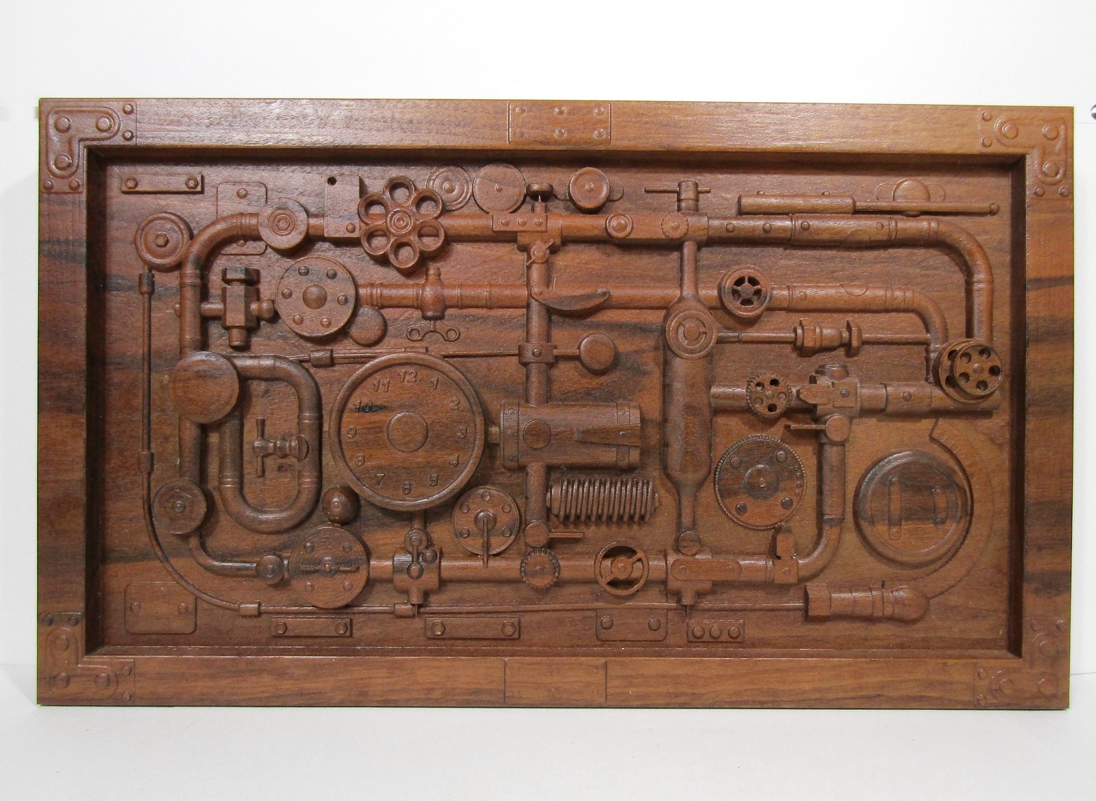 Industrial Steampunk Carved Wood Pipes & Gears Relief Wall Art Panel 20×12