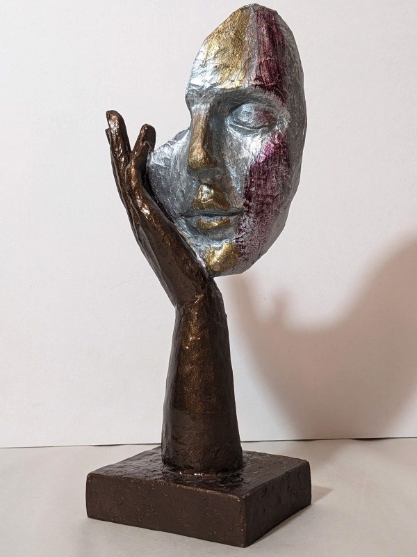 Abstract Thinker Woman Face in Hand Sculpture Mask Half Thinking Holding