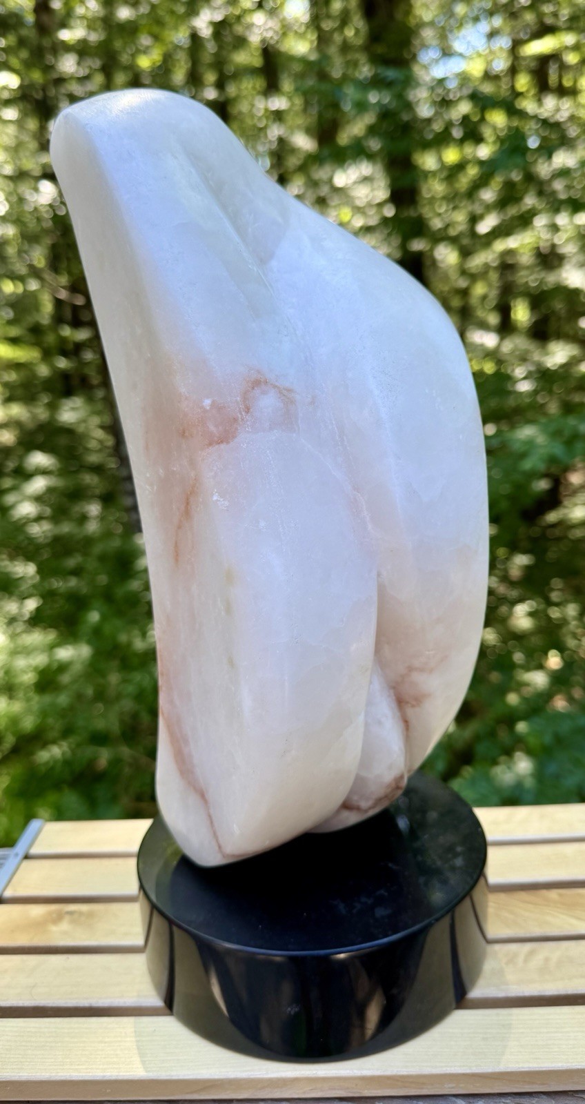 Mid Century Modern Abstract Alabaster Sculpture On Black Marble Base – 14.5”