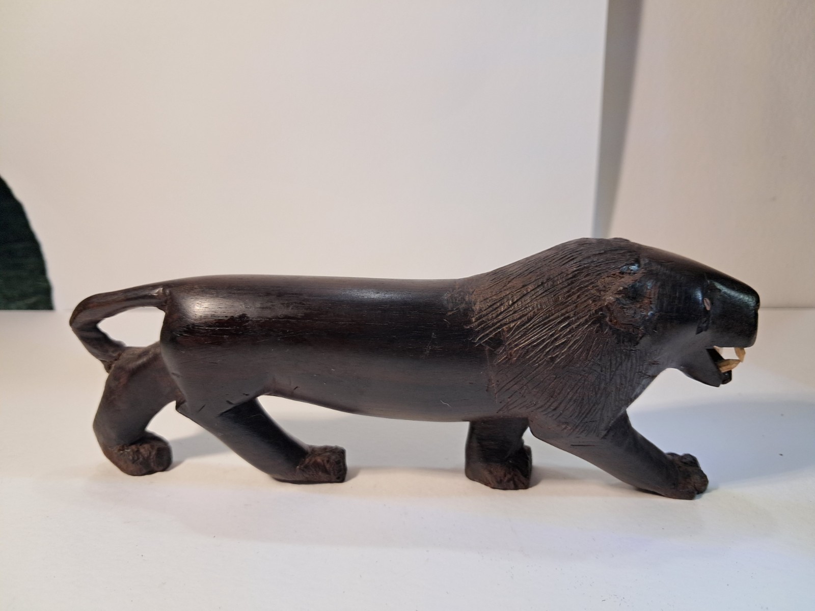Vintage Hand Carved MCM Lion Statue Inlaid Eyes & Teeth African Ebony Wood
