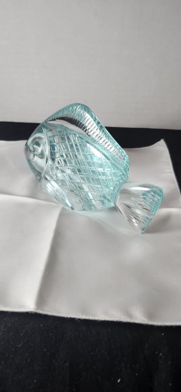 Carved Crystal Art Glass Fish Light Mint 3.75 X 7 Inches 1.75 Wide. Criss-cross