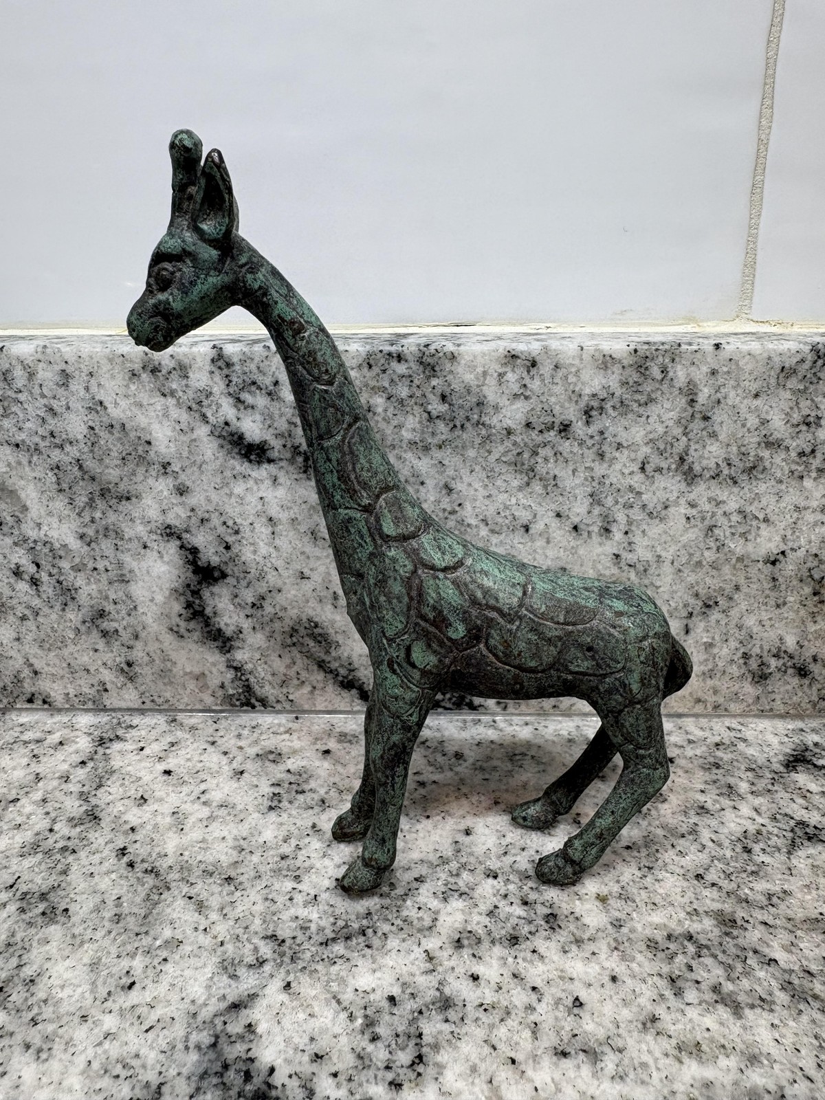 Vintage Giraffe Figurine Solid Bronze African Animal Sculpture Patina Decor 7 In