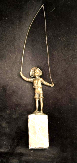 Bronze Boy Fishing Sculpture on Marble Base 11&Prime; High, Base 1 1/2&Prime; Sqare