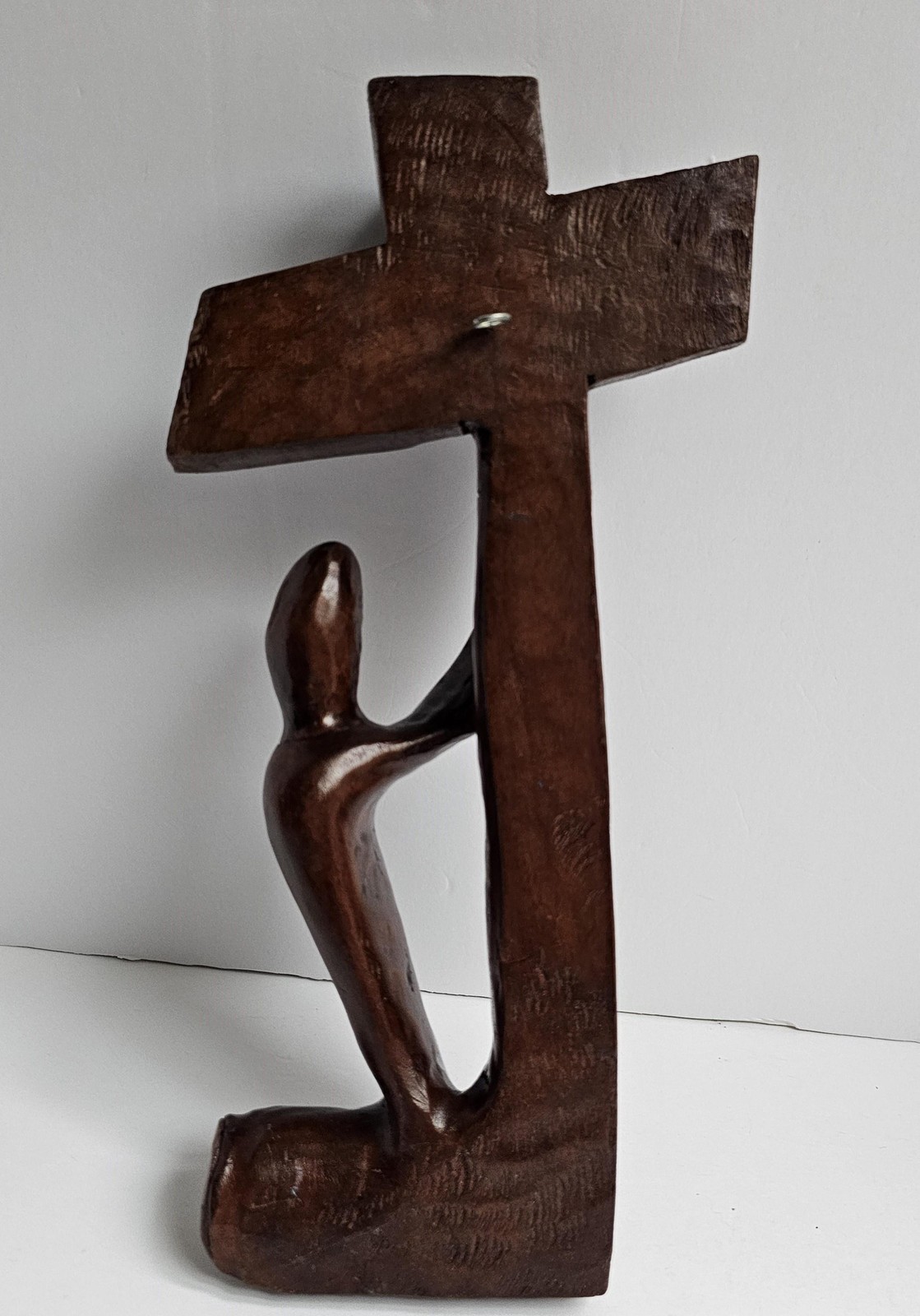 Hand Carved Abstract Wood Sculpture Cross Kneeling Figure Religious Art Decor
