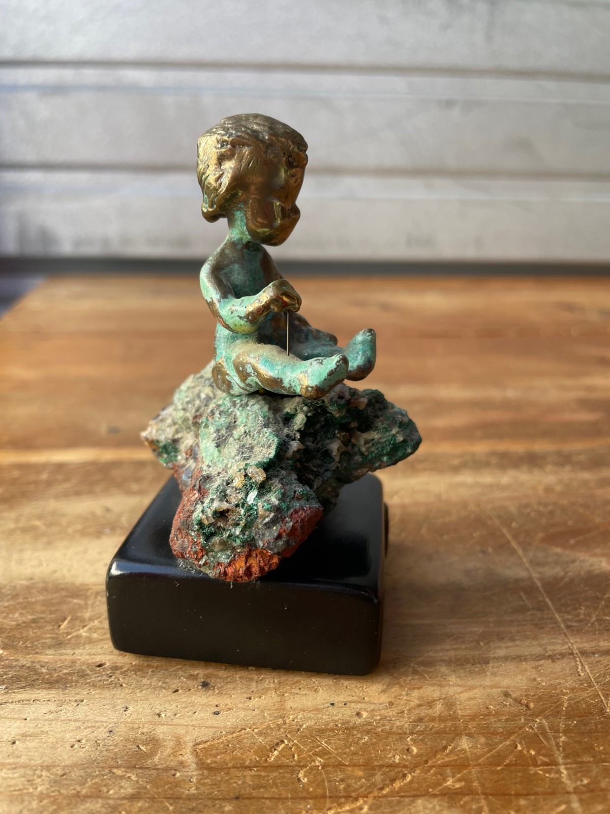Vintage Malcolm Moran Bronze Sculpture Child Sitting On Geode Modernist 3.75&Prime;