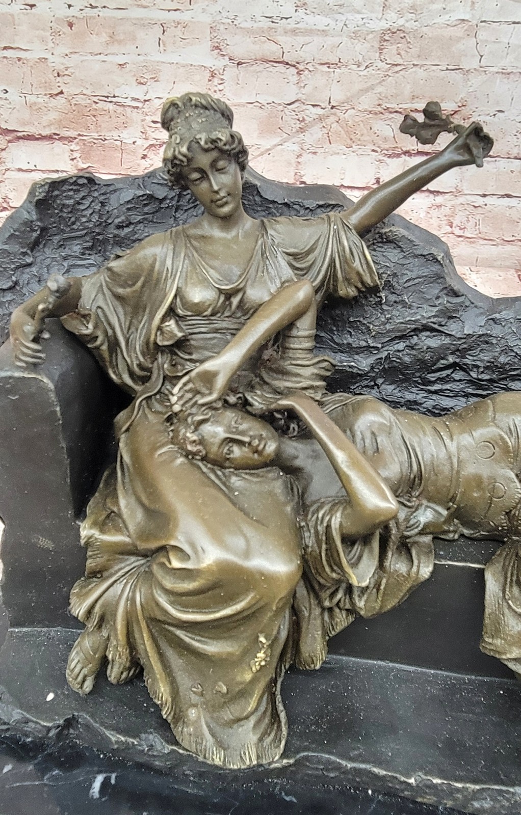 Romantic Two Reclining Girls Genuine Signed Bronze Sculpture Figurine Statue