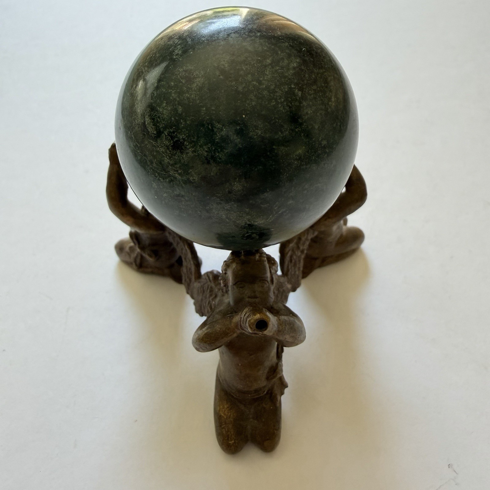 Vintage Bronze Cherub Putti Stand & Green Serpentine Stone Orb 2” Sphere
