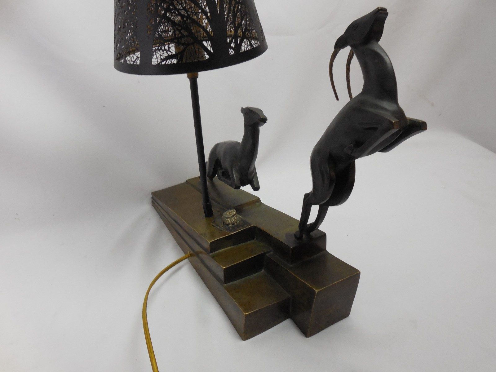 Antique Art Deco Bronze Sculpture Lamp Gazelles Marcel Bouraine