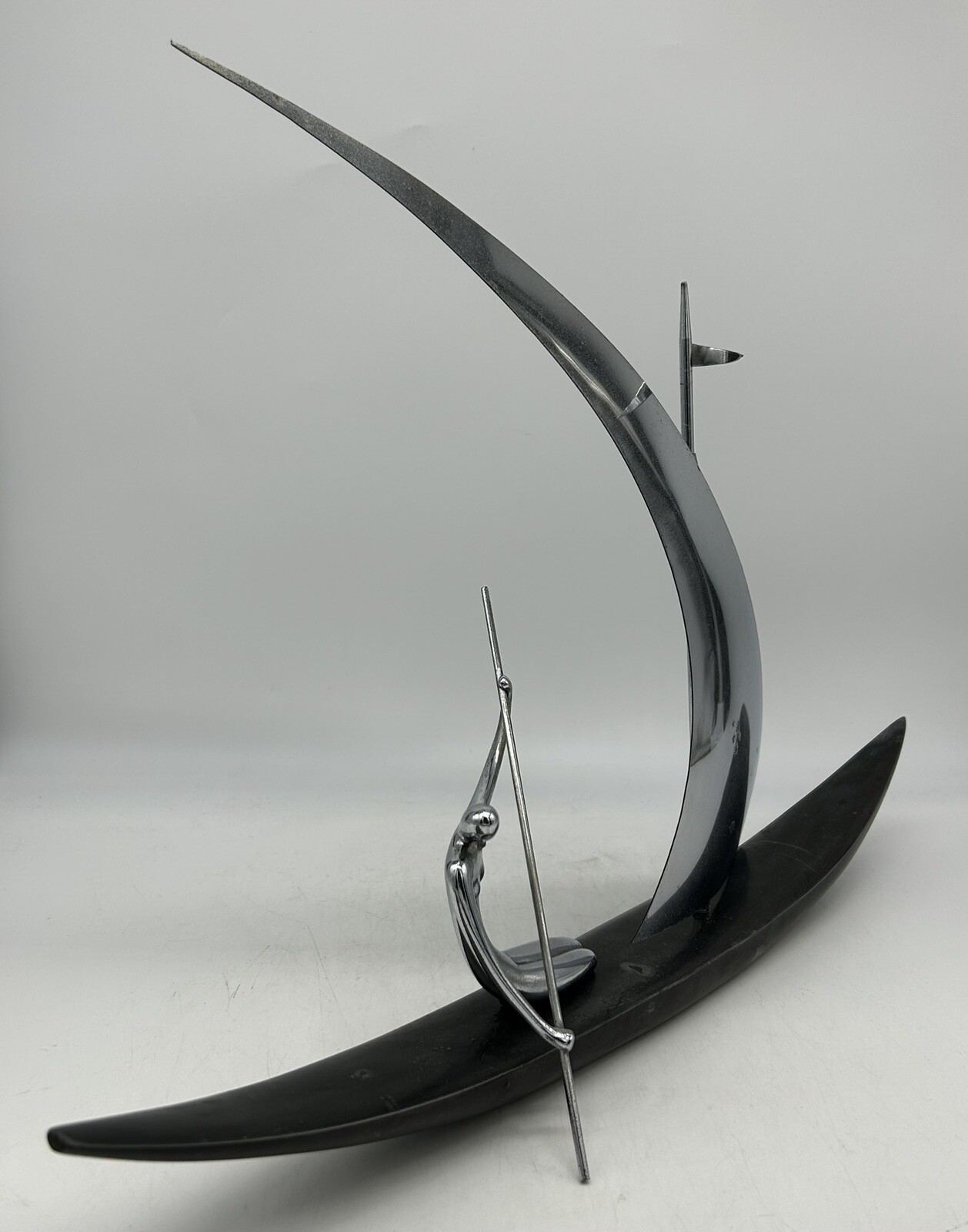 Karl Hagenauer Modernist Chrome Woman Paddling Boat Sculpture, Unsigned, Sail