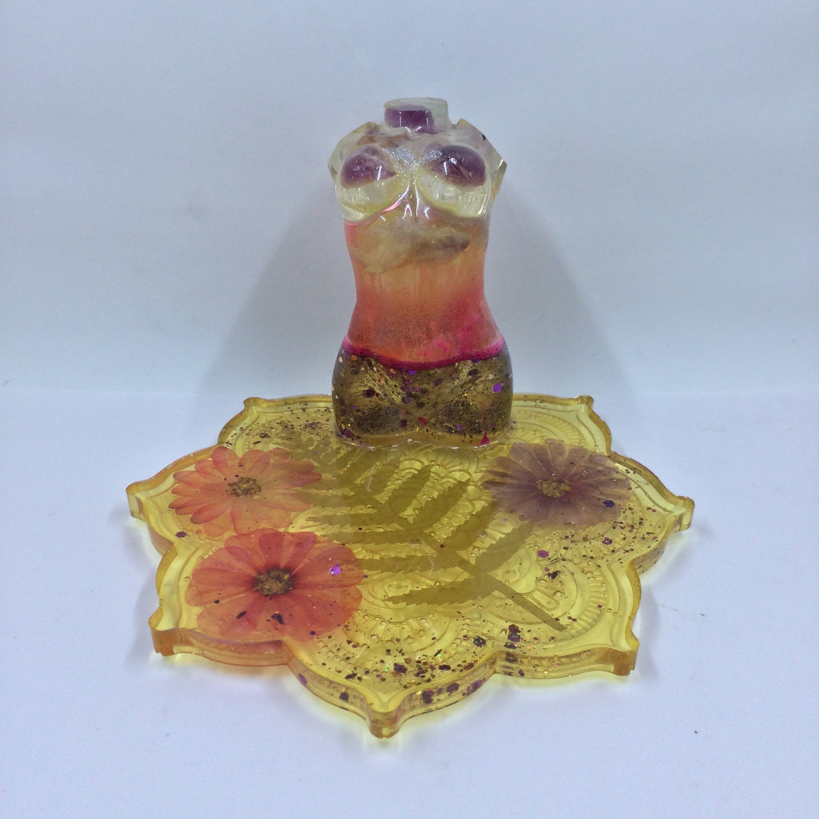 Floral Epoxy Resin Goddess Figurine Witchy, Dried Plants & Flowers Art
