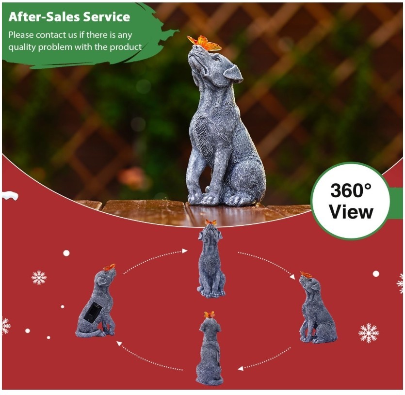 Dog Garden Statue Solar Butterfly Light Outdoor Yard Decor Resin Gift