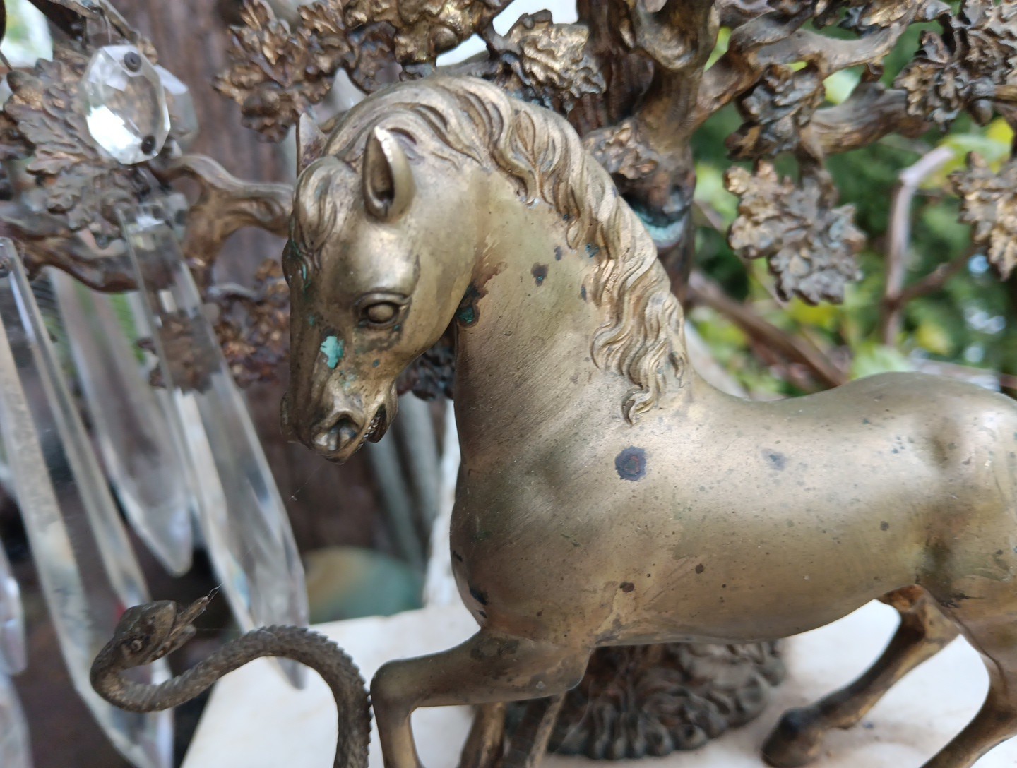 Antique Rare Bronze/marble Candlestick Snake Biting Horse