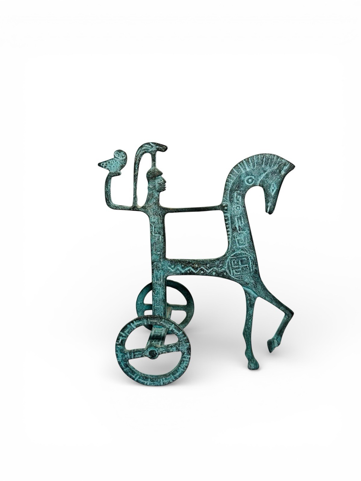 Etruscan Horse & Chariot Athena Sculpture Holding an Owl Bronze Greek Statue