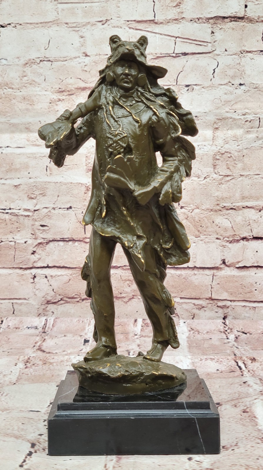 Limited Edition Indian Chief Bronze Sculpture with Headdress by C M Russell Home