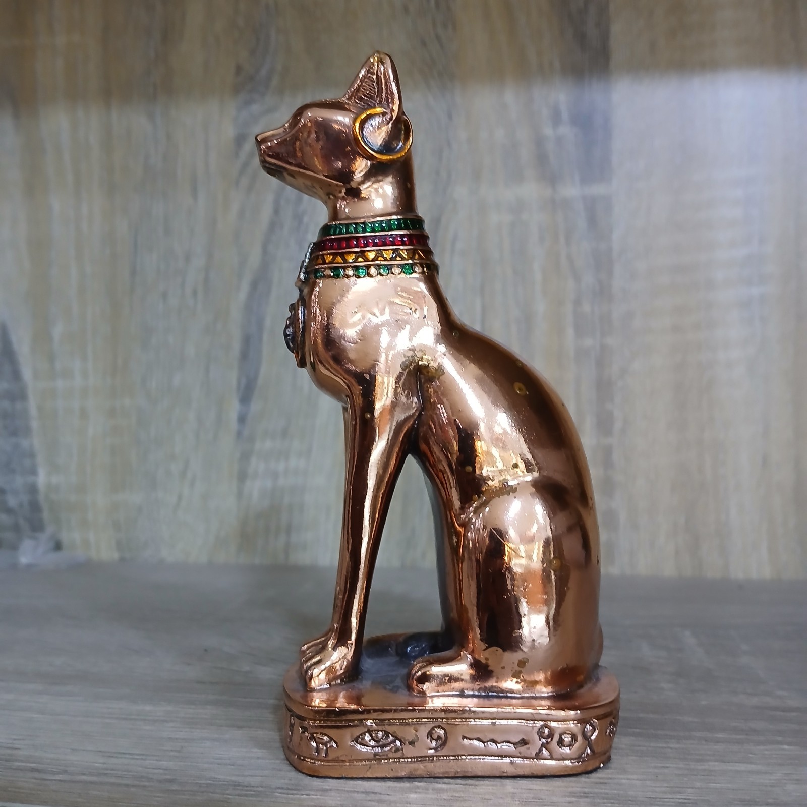 Handcrafted Egyptian Bastet Cat Statue Limestone Copper Coated 14cm Goddess