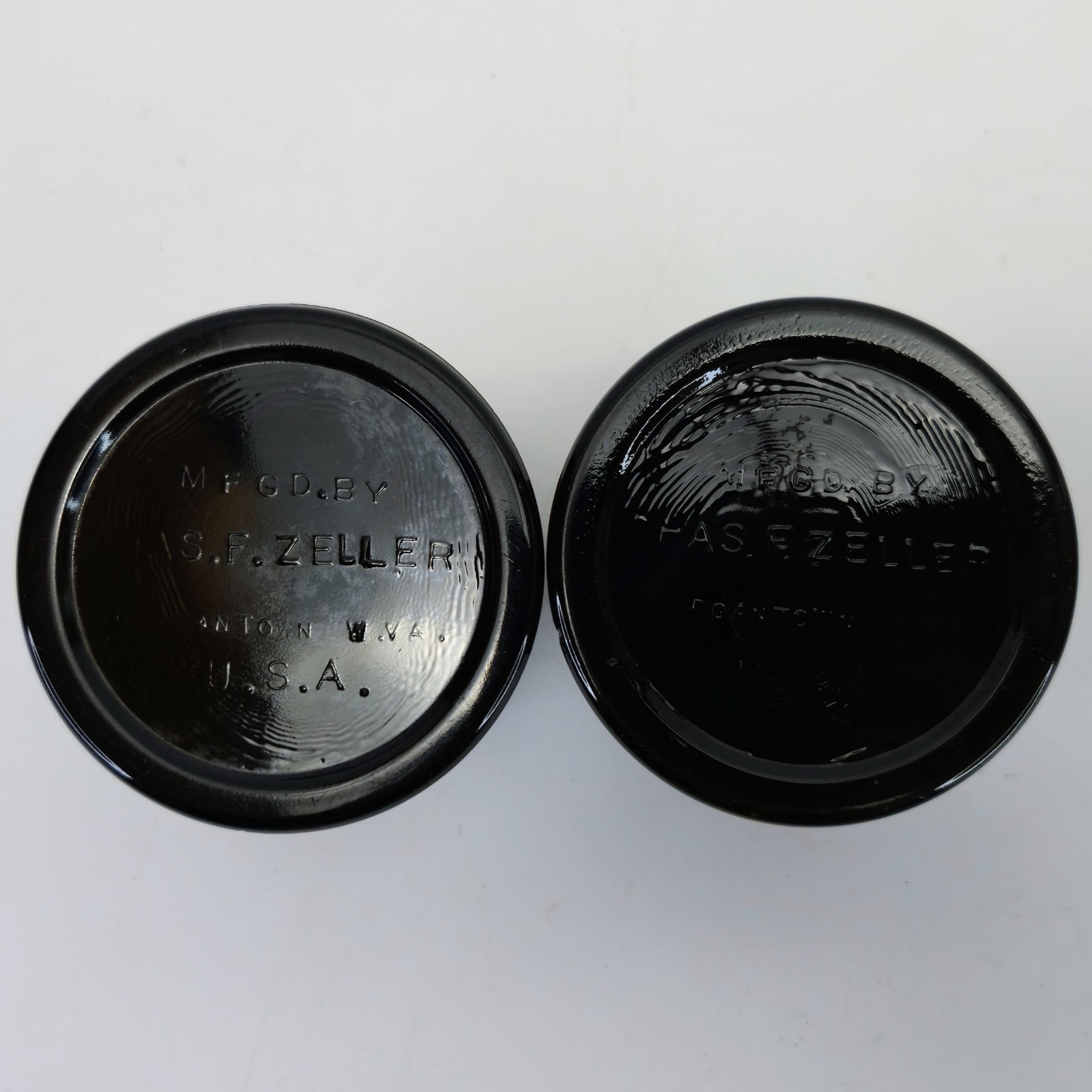 2 Zeller Morgantown Black Glass Gazing Witching Ball Stands Set Possibly 1930s