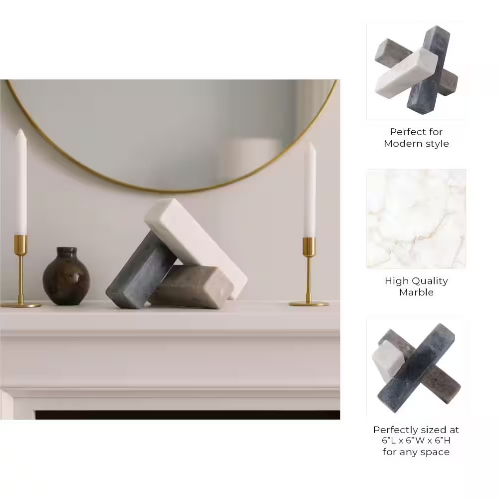 White/Black 6 In. X 6 In. Marble Modern Jack Sculpture