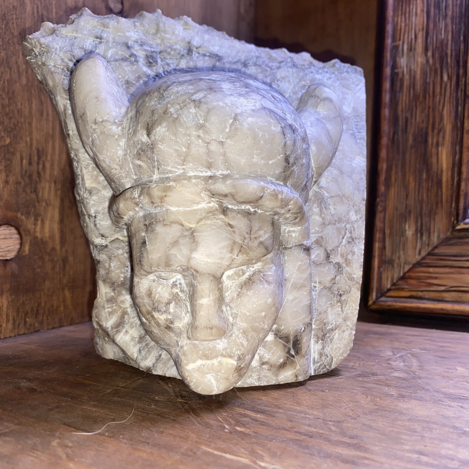 vintage stone carving head horns, alabaster carving viking 5.11lbs 6.5”tall