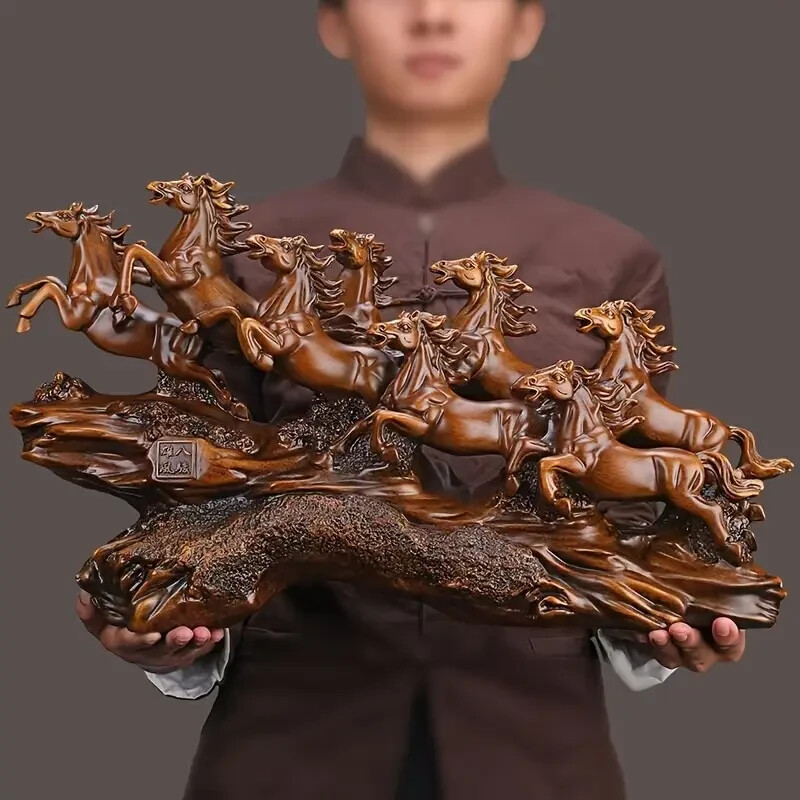 NEW 14&Prime; Stunning 8 Horse Stampede! Woodsy Brown Resin Figurine Sculpture 8×14