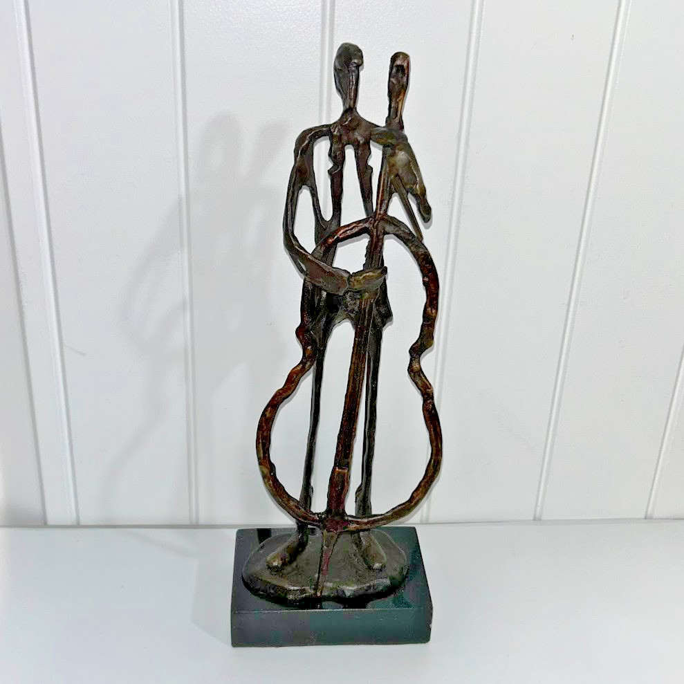 13.5&Prime; H GIACOMETTI STYLE ABSTRACT METAL SCULPTURE OF A MUSICIAN w/ A BASS RARE