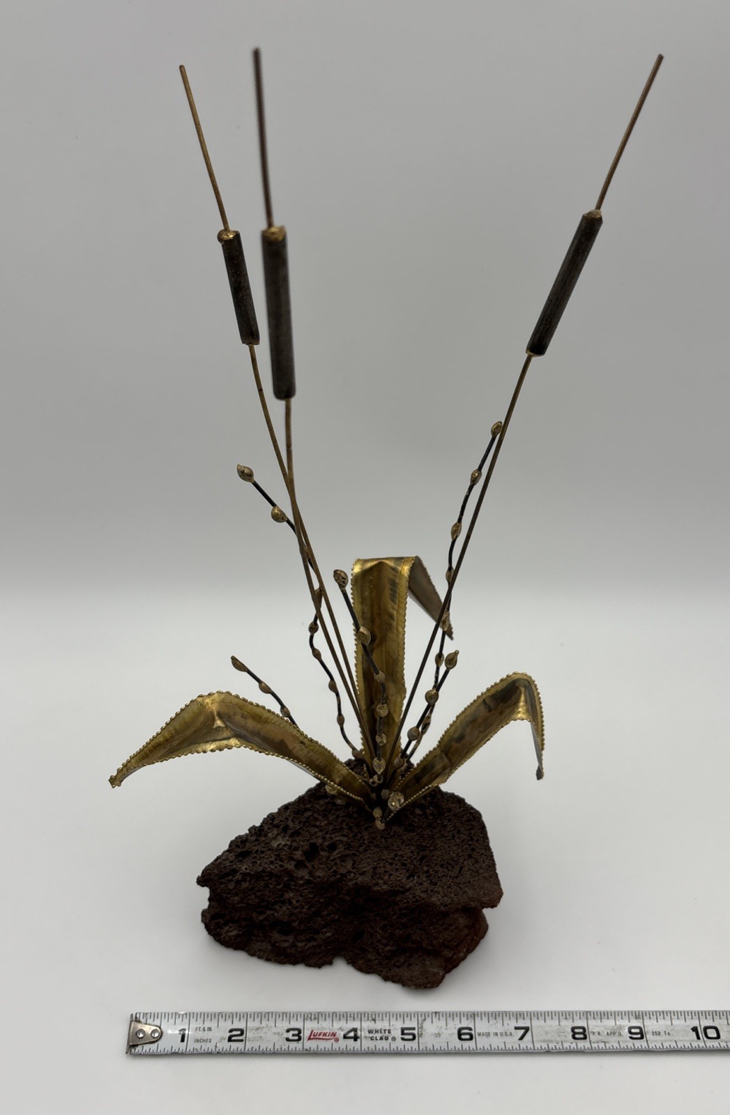 VTG MCM Brass Cattail Pussy Willow Sculpture Lava Rock Base 16&Prime; Brutalist 1960s