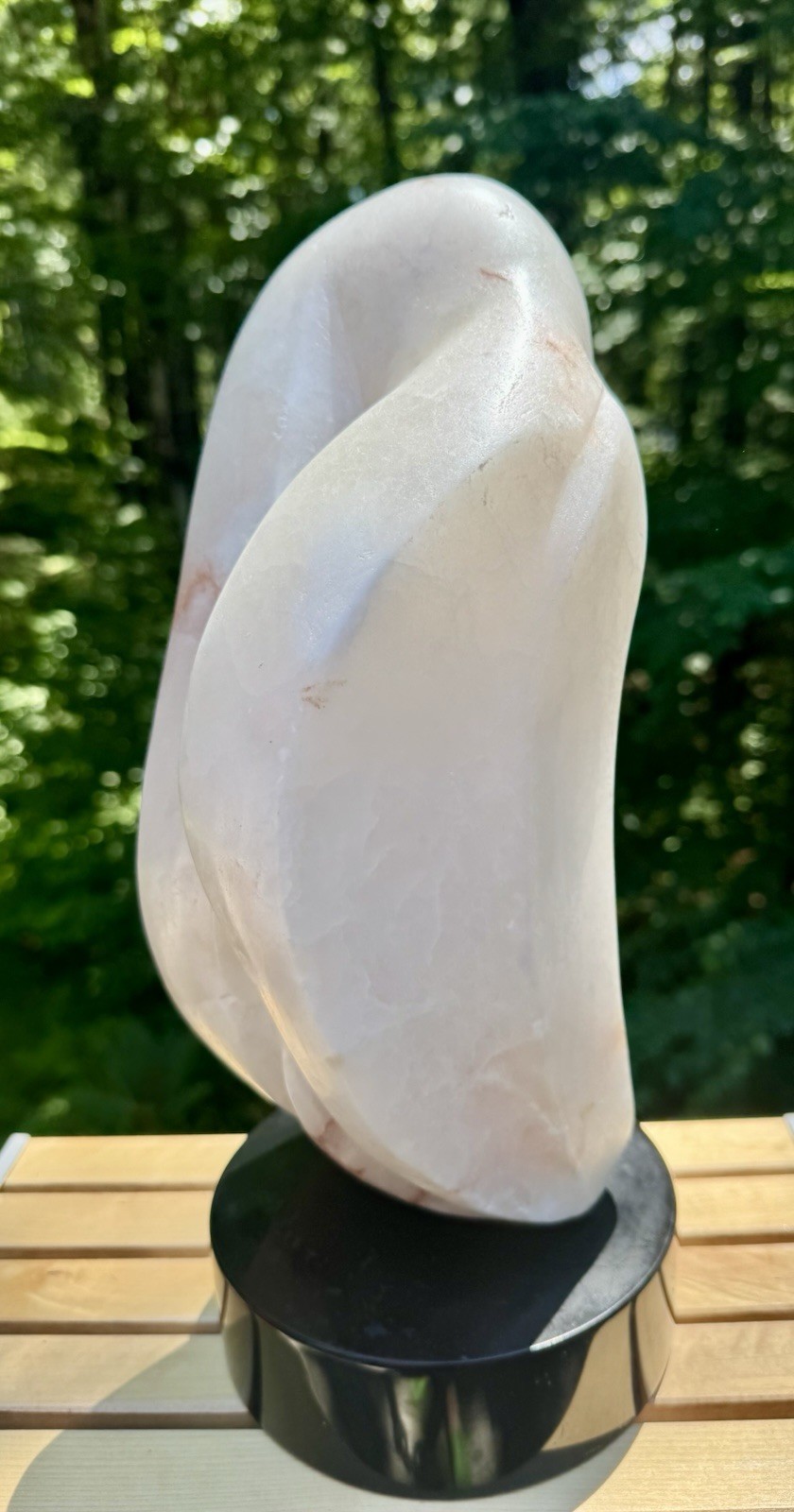 Mid Century Modern Abstract Alabaster Sculpture On Black Marble Base – 14.5”