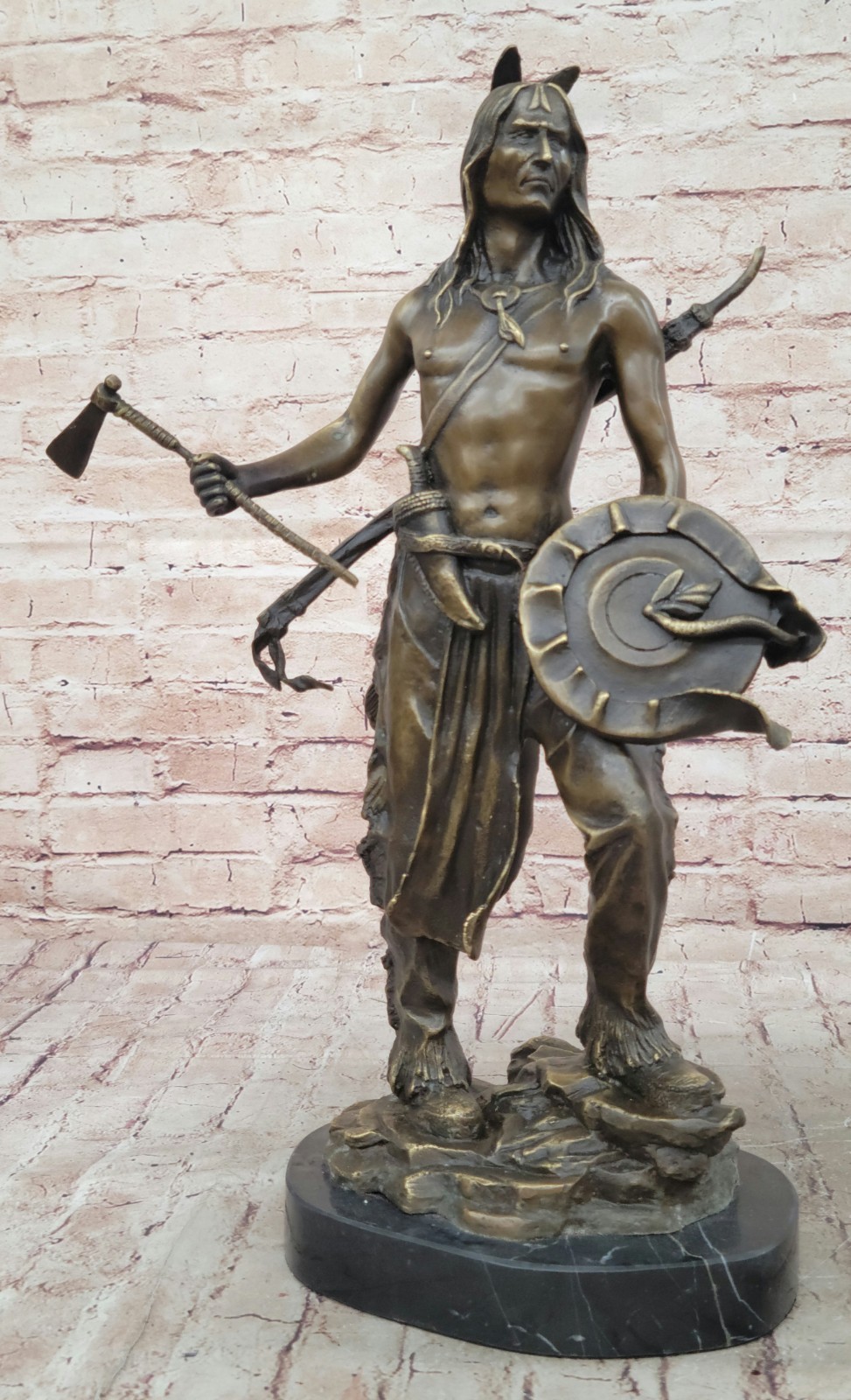 Art Deco Western Indian Male Warrior Bronze Sculpture Marble Statue Figurine LRG
