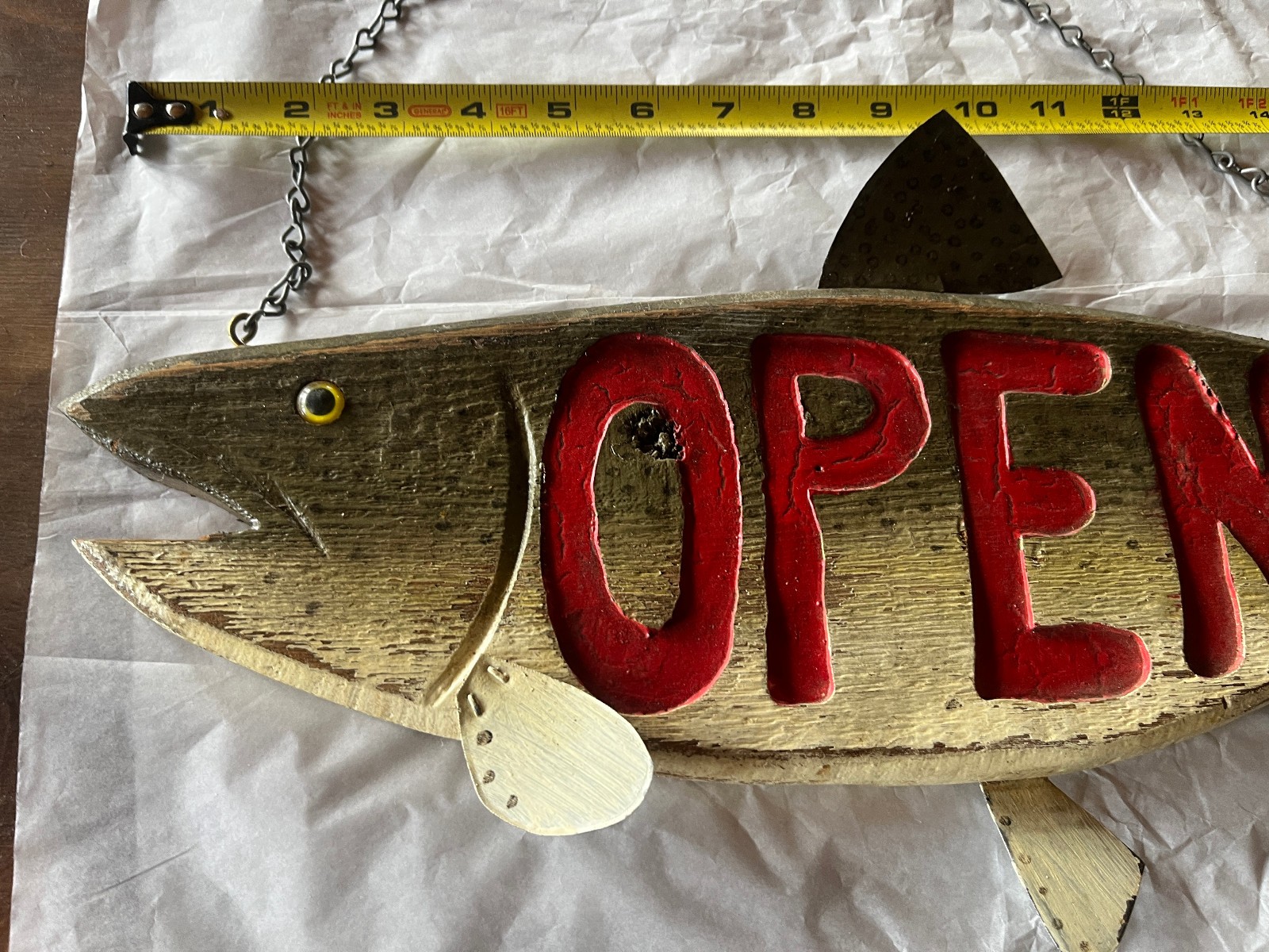 Hand Made Trout OPEN Sign Wood Rustic Sporting Goods Fishing Bait Shop Man Cave