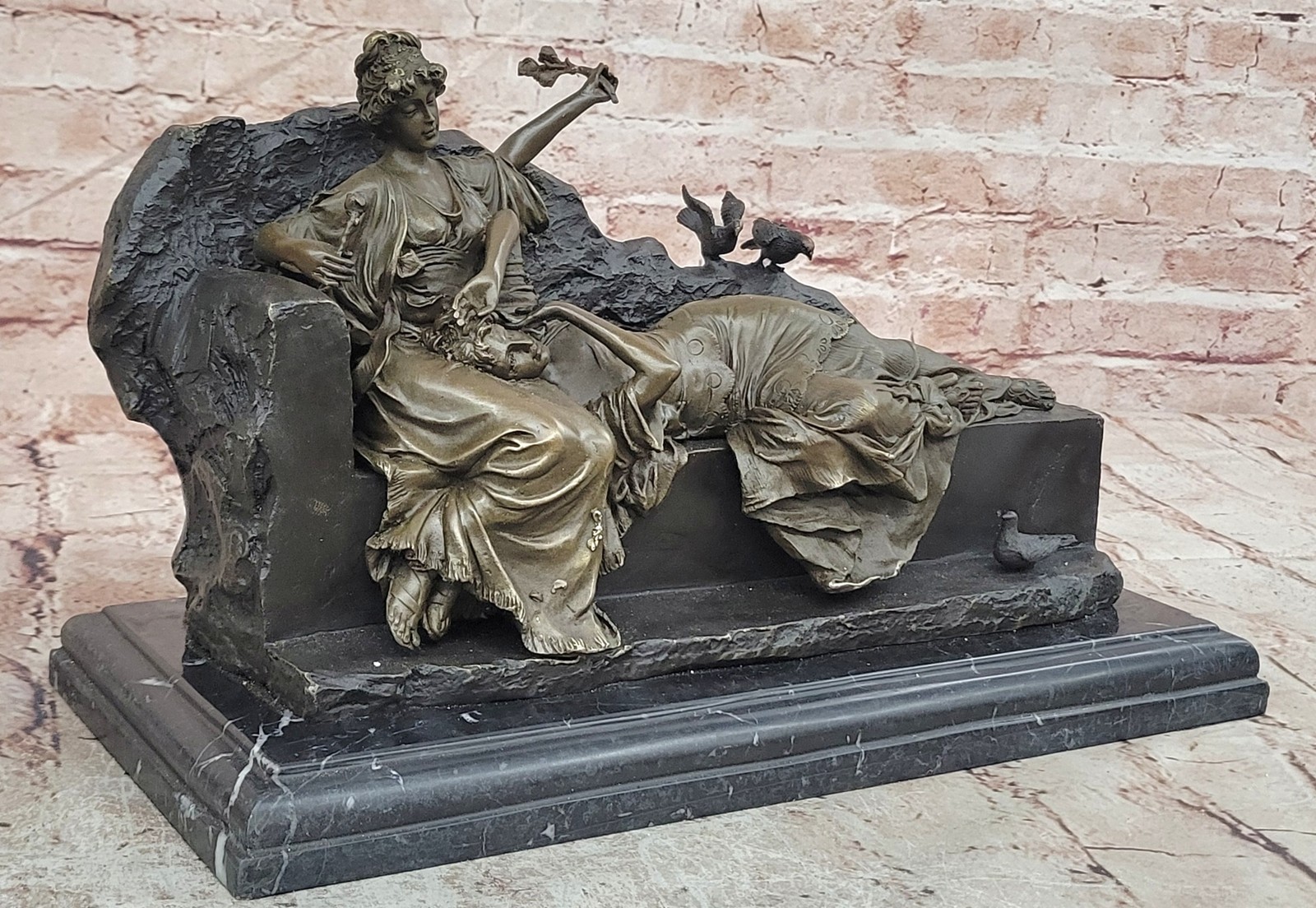 Romantic Two Reclining Girls Genuine Signed Bronze Sculpture Figurine Statue