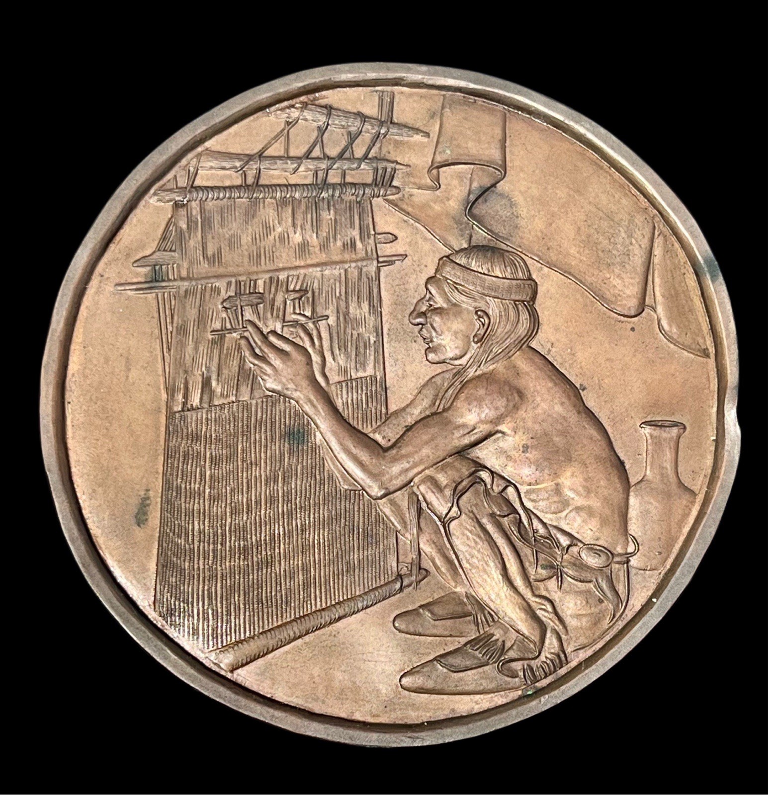 Vintage Bronze Plated American Indian Medallion Navajo Loom Weaving Plaque RARE