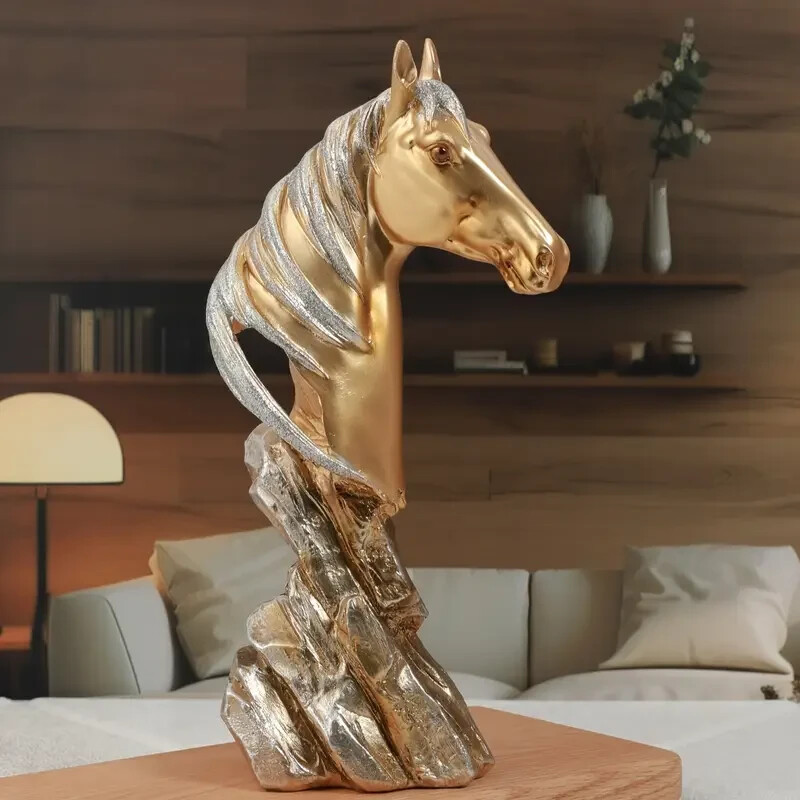 NEW Golden Horse Head Bust w Silver Mane Dust. Resin Figurine Sculpture 12h x 5w