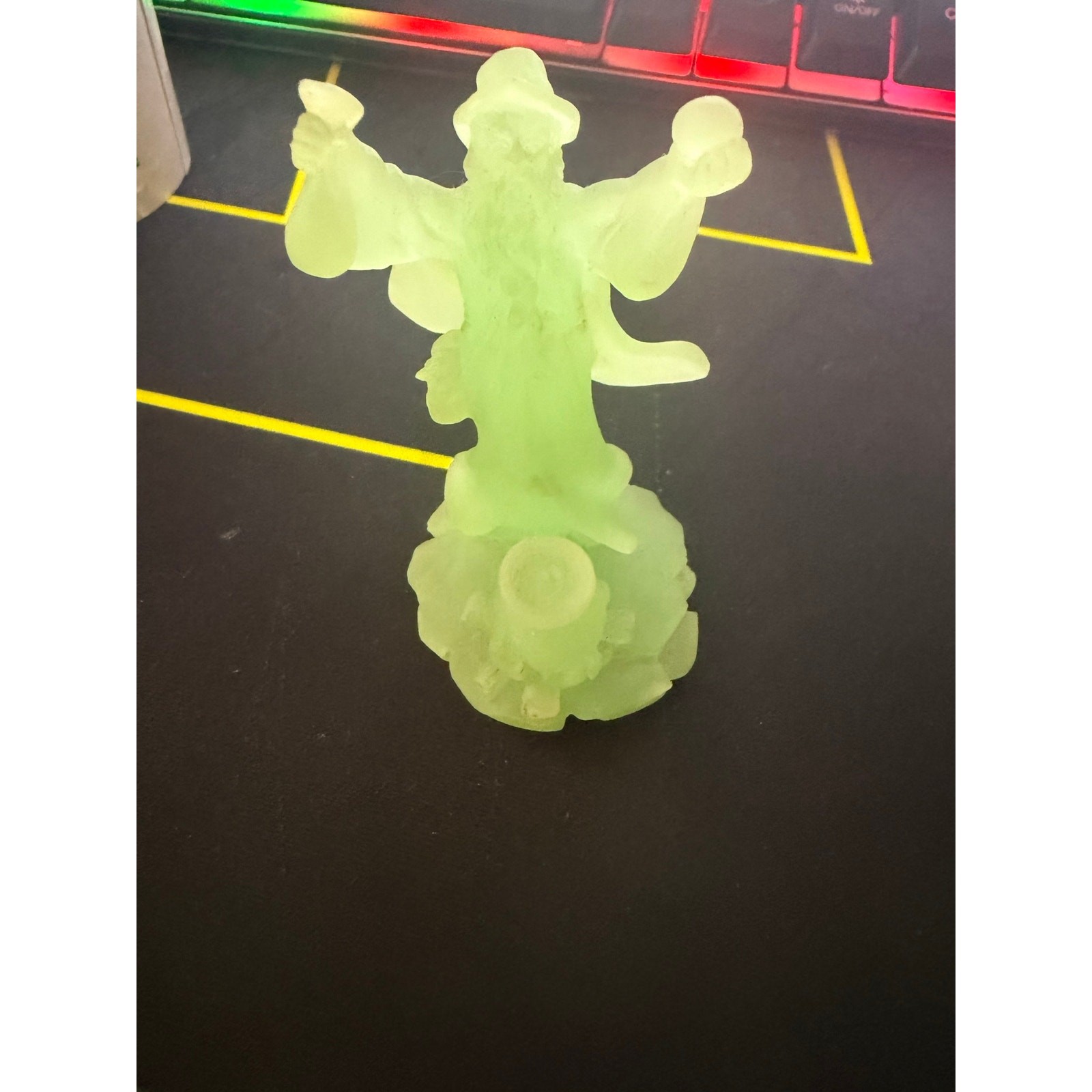 Vintage Frosted Green Glass Wizard Figurine Sorcerer with Cauldron Decor 3.5”