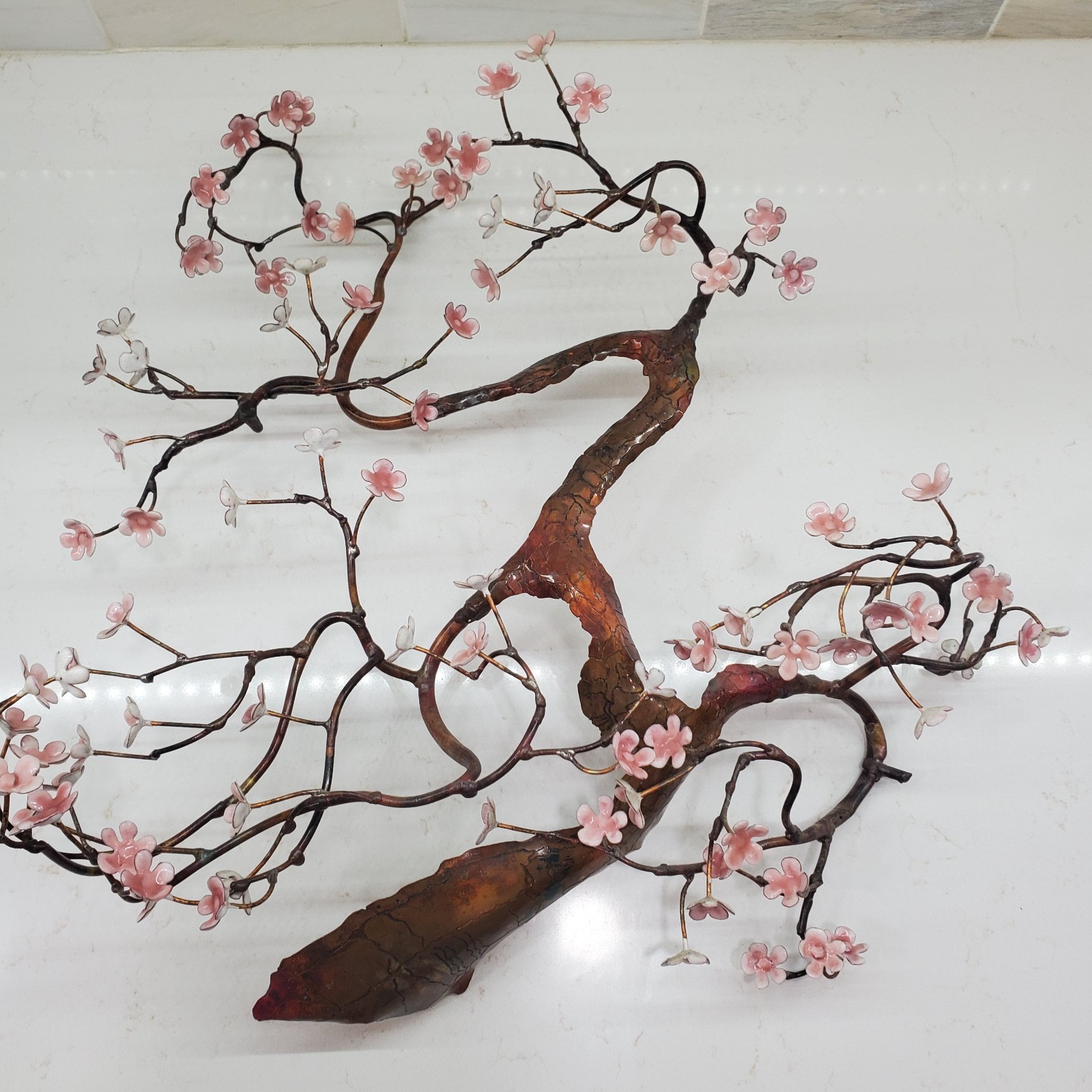 Bovano of Cheshire Blooming Bonsai Metal Tree Sculpture Pink White Flowers