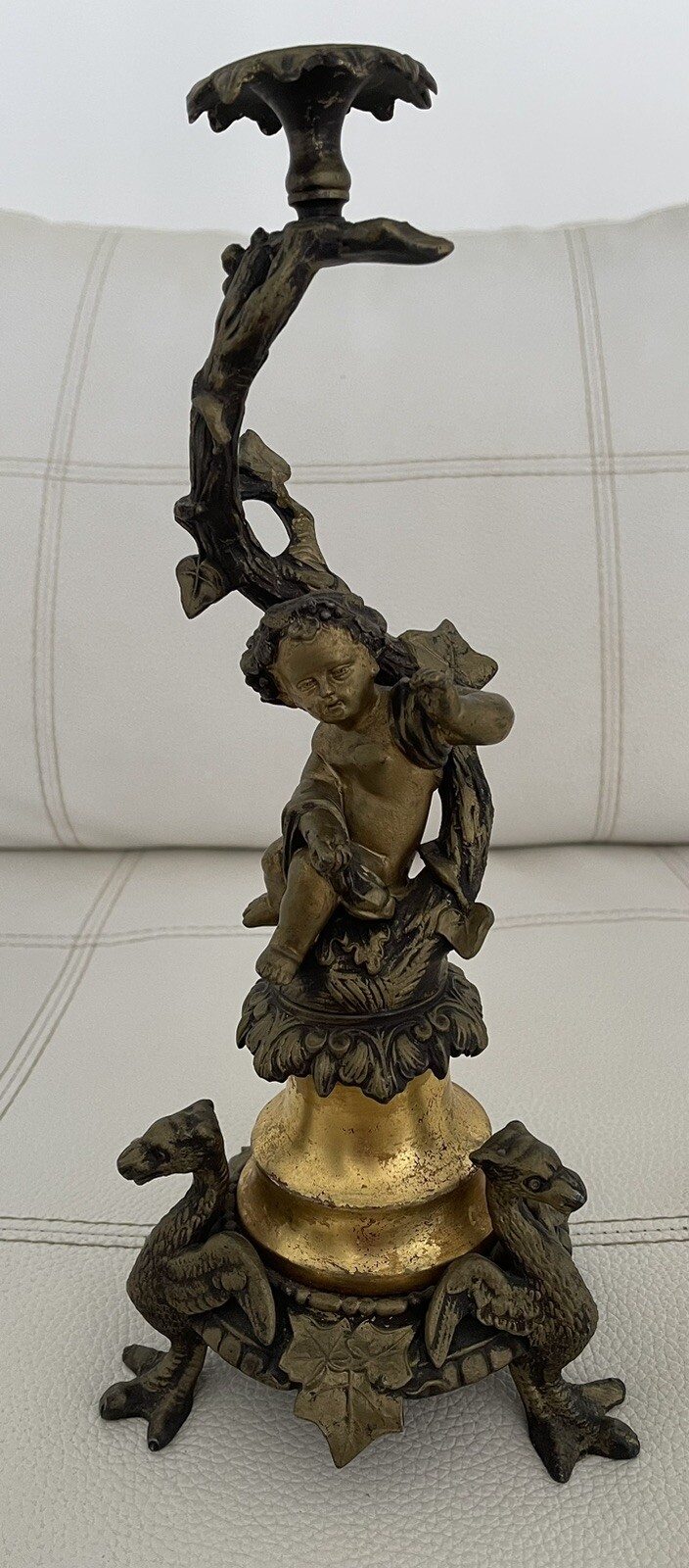 Vintage Bronze Metal Candelabra Candle Holder Sculpture Cherub Figure Dragons.