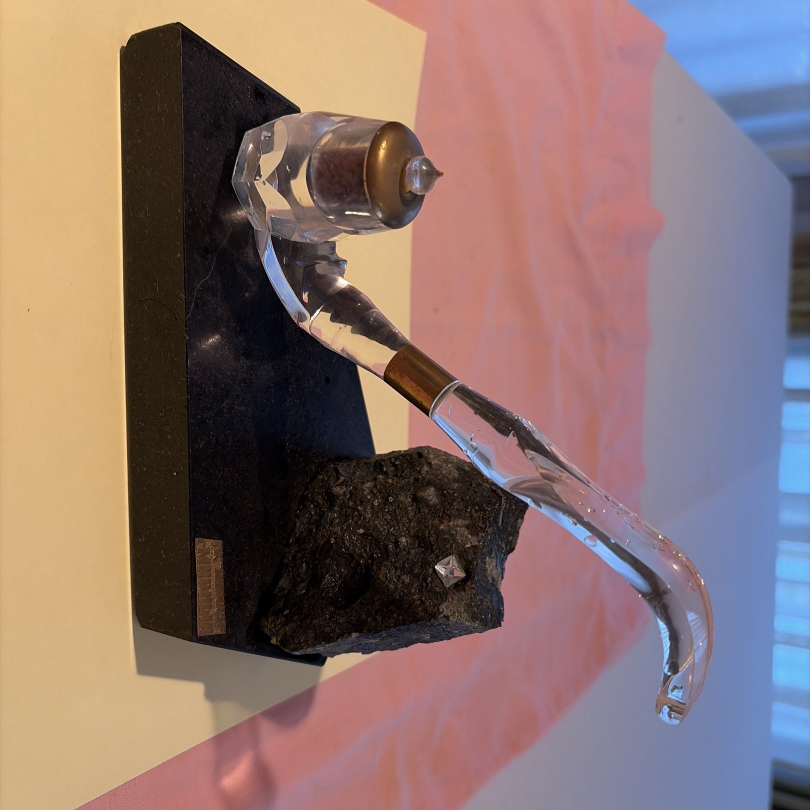 Vtg Sculptural Artwork. Acrylic Arm Stone And Mineral. With Brass Tag.