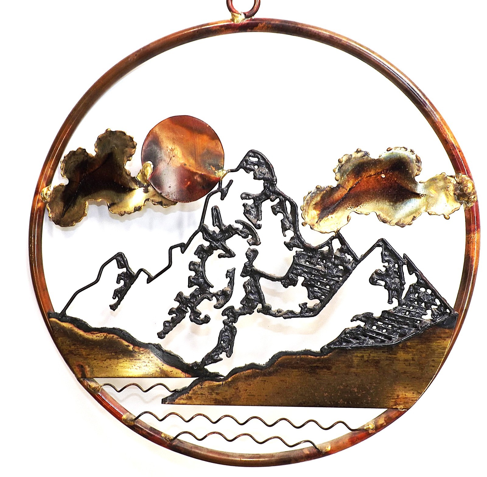 Signed Mackenzie (&rsquo;82) Metal Art Sculpture – Trees, Mountains, Water scene -12&Prime;