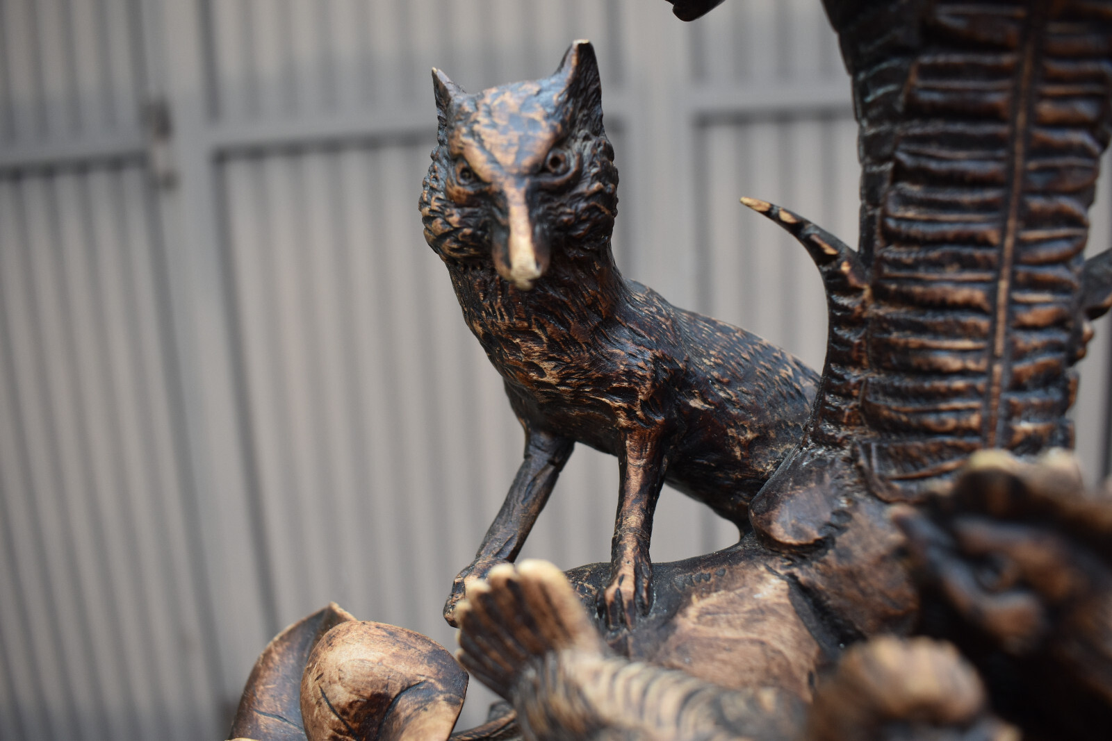 Antique black forest wood carving sculpture fox hunt chickens statue