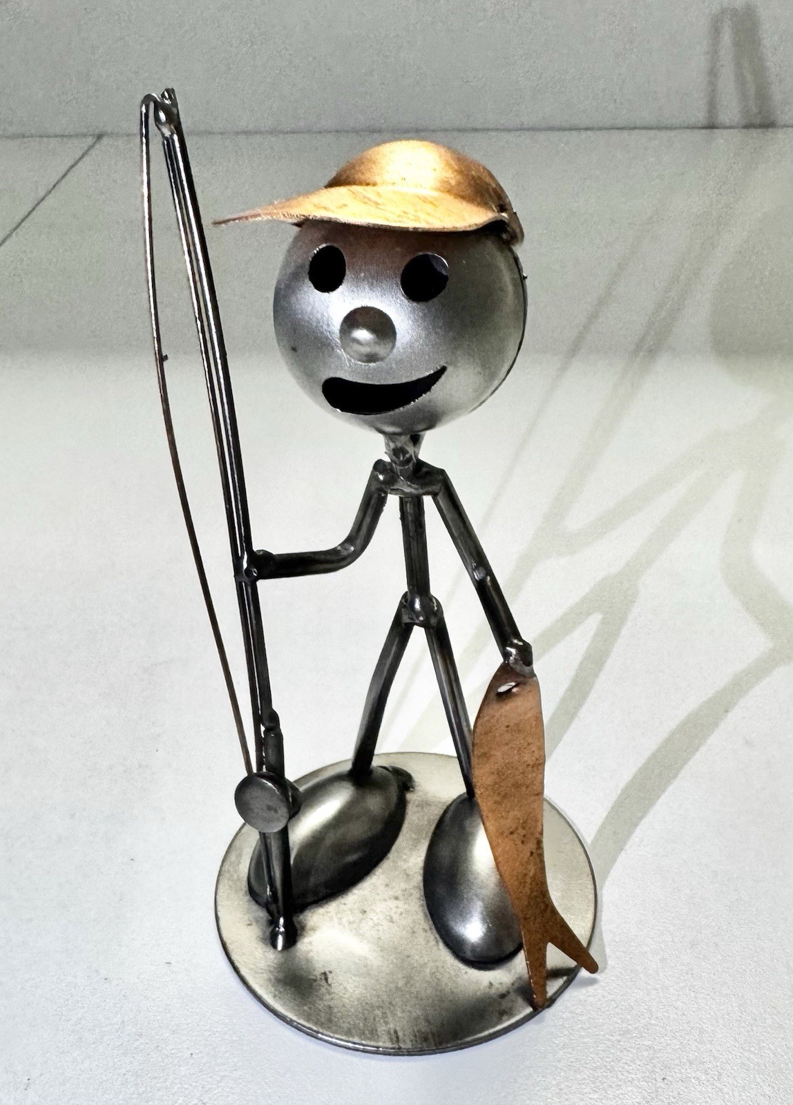 Art Metal Sculpture Fishing Figurine Copper Hat and Fish Steel