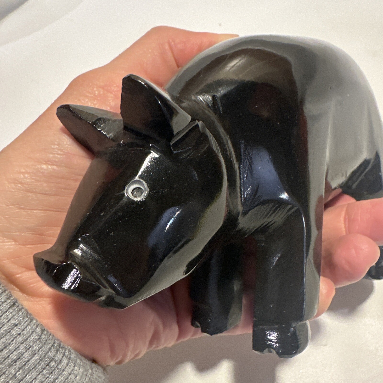 Carved Pig Black Stone Shiny Large
