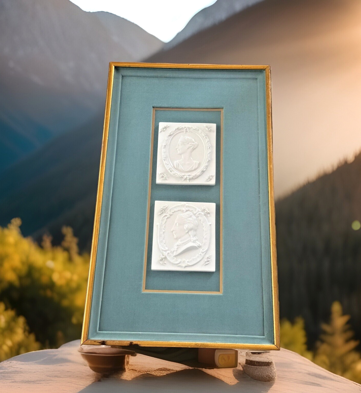 One Pair of Gold Framed and Green Matted Vintage Bas Relief Tiles 26.75&Prime;x15.75&Prime;