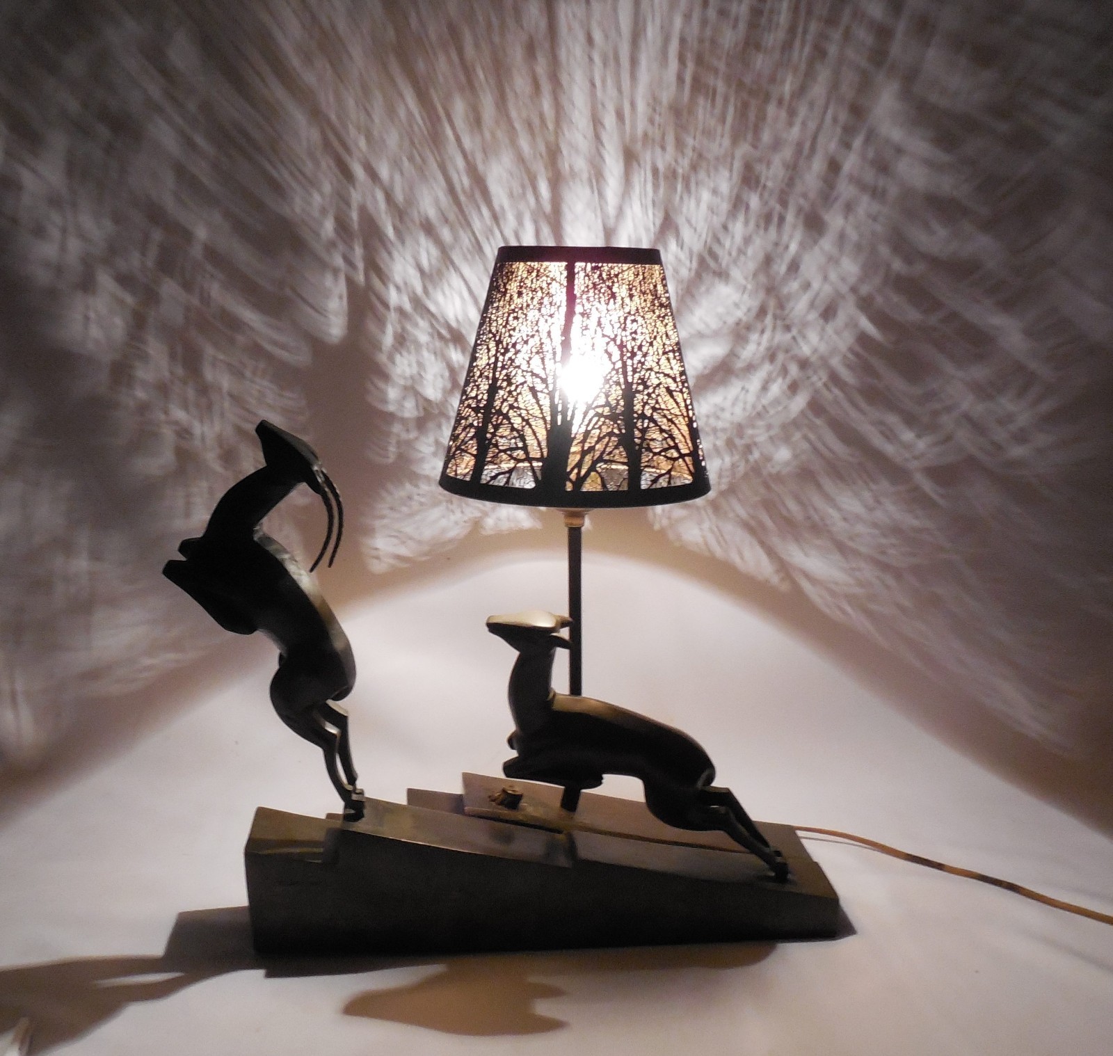 Antique Art Deco Bronze Sculpture Lamp Gazelles Marcel Bouraine