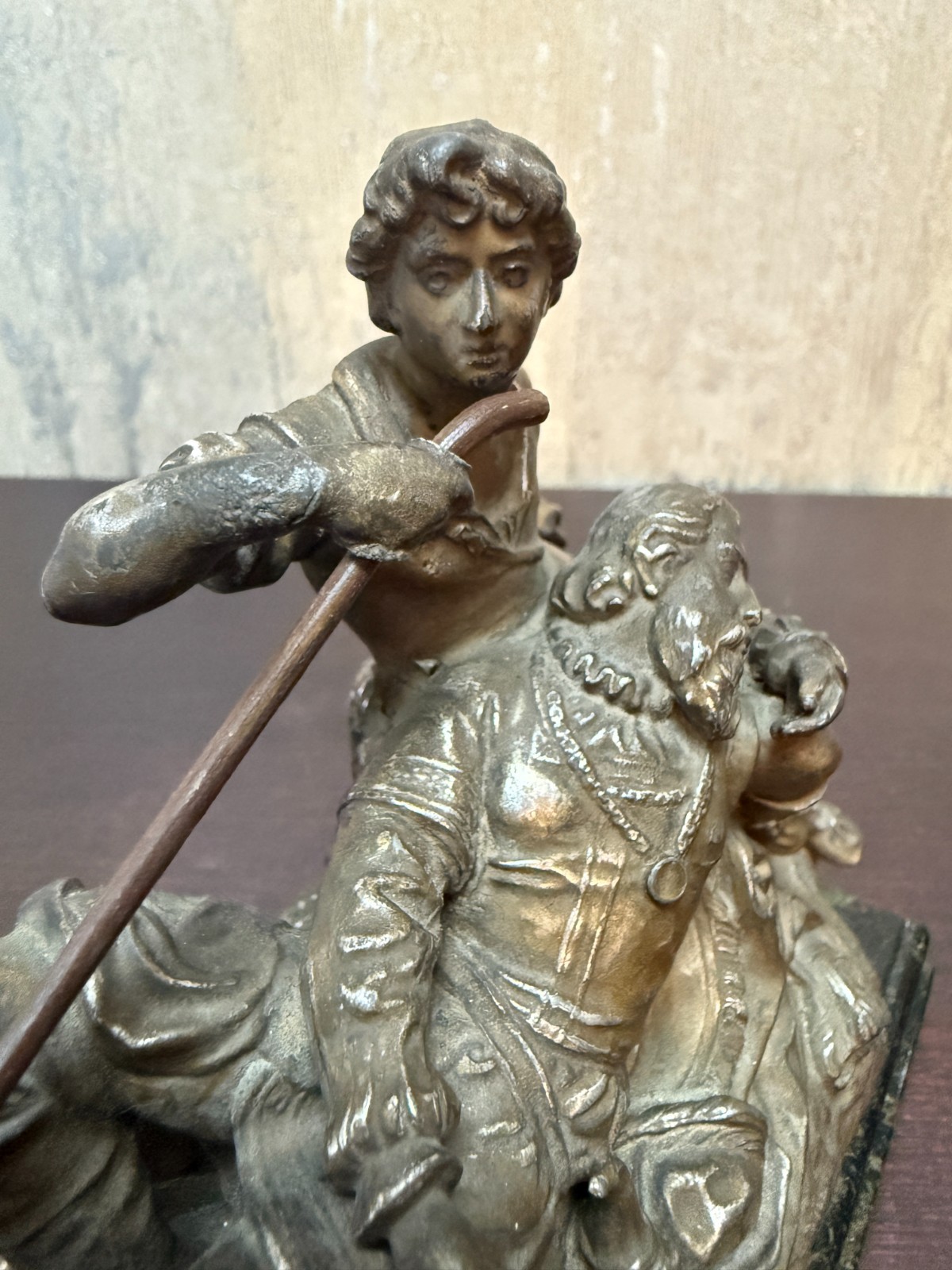 P.Müller Signed Figurative Group – Shepherd Aiding Elder Bronze on Marble c.1900