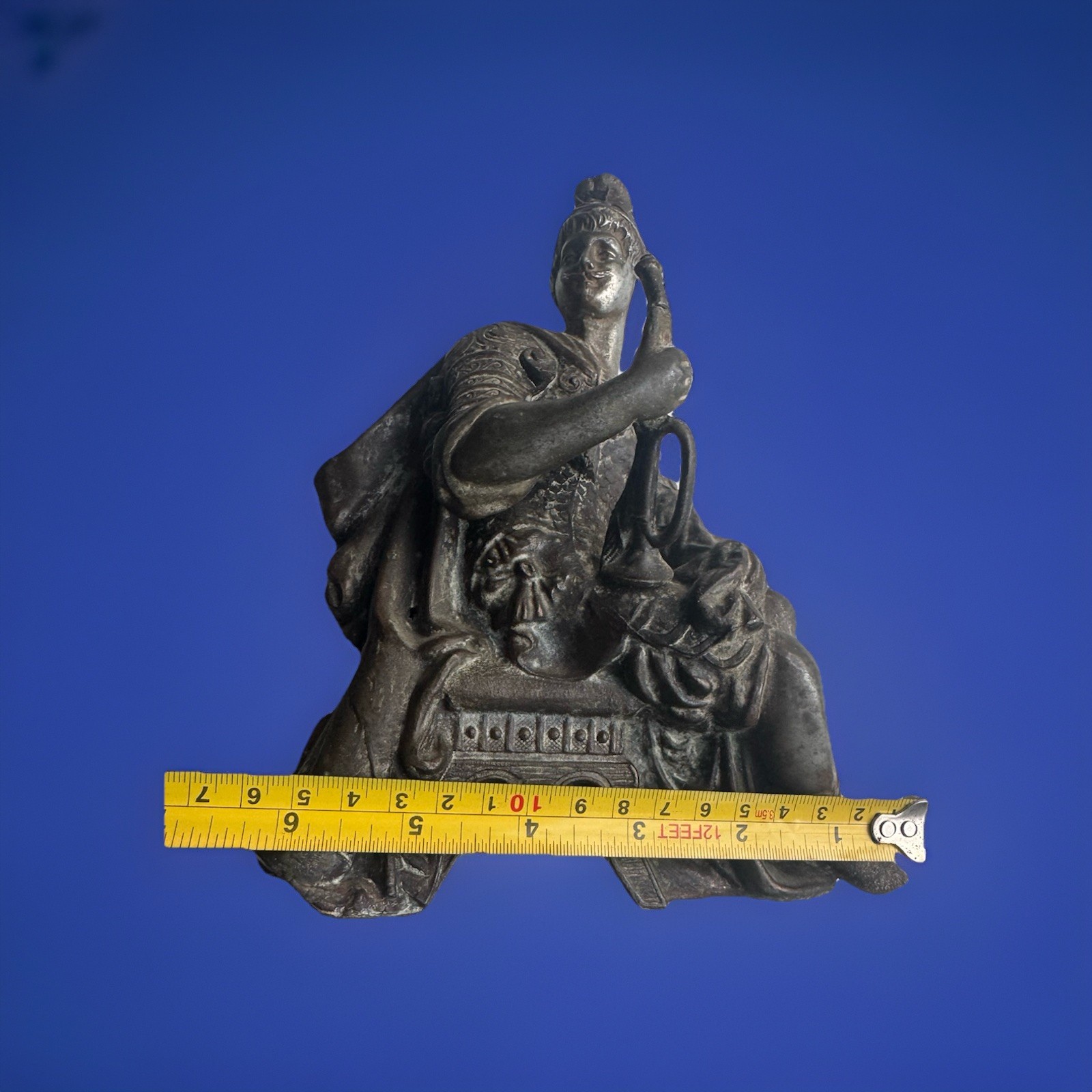 Antique Spelter Classical Lady Musician Figurine Bronze Finish Seated Statue 8”