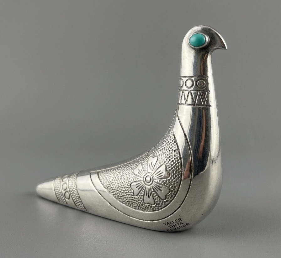 Rare Taller Tinta Ecuador Silver-Plated Bird Figurine w/ Turquoise Eye MCM 1960s