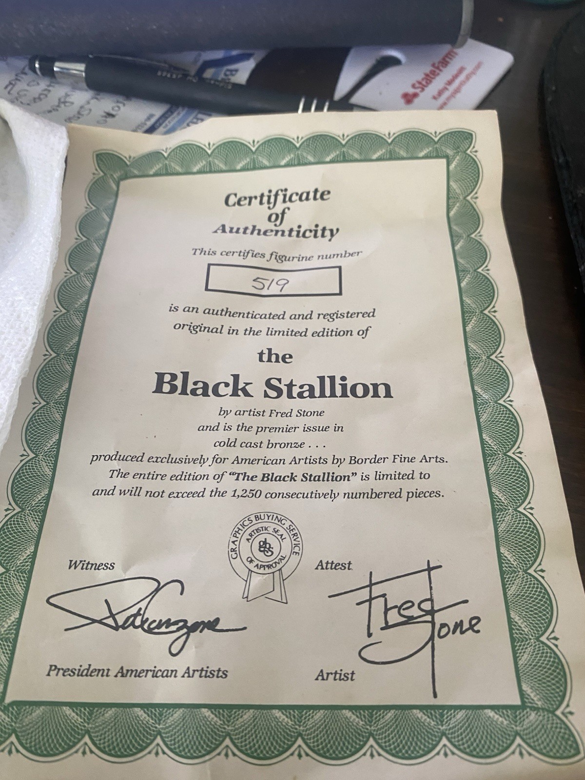 Fred Stone Black Stallion Bronze Figurine # 519 of 1250